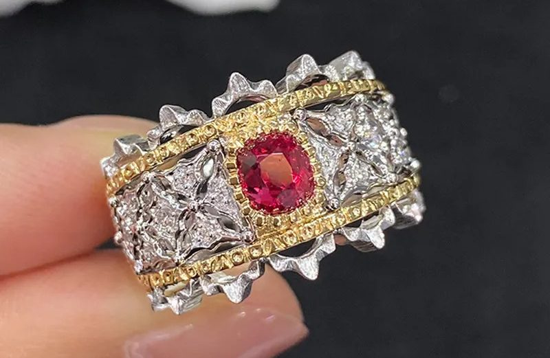 LUOWEND 18K White And Yellow Gold Real Natural Ruby Rings